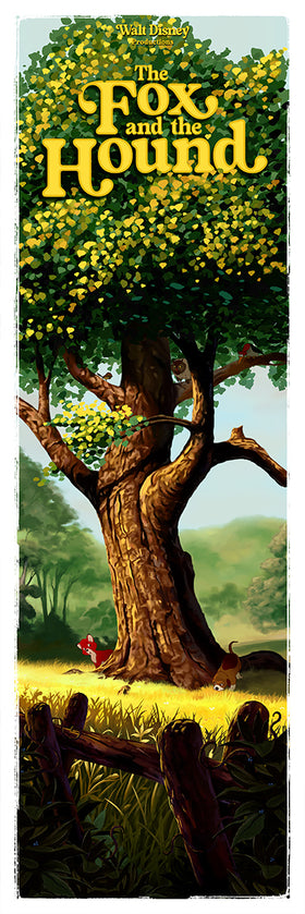 The Fox and the Hound inspired art print featuring a large tree with yellow and green leaves, with the hound sniffing around its base, and the fox peering curiously around the tree trunk. The film title logo is in large yellow letters at the top.