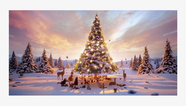 Snowy landscape with a large decorated Christmas tree and animals gathered around it.