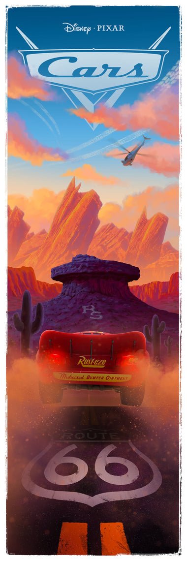 A framed art print featuring Lightning McQueen from the movie Cars, driving into a sunset landscape.