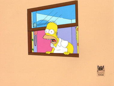 A cel of Homer Simpson looking out of a window with his mouth open in shock.
