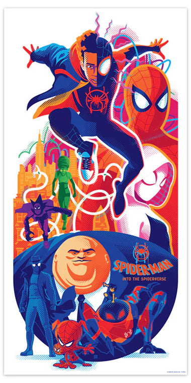 Colorful poster of different Spider-Man versions and enemies, with a cityscape background