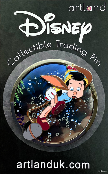 A collectible Disney trading pin featuring Pinocchio with a blue ocean and stars background, and the Disney logo at the top.