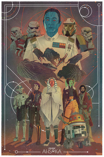 A hand-numbered lithograph featuring characters from Star Wars: Ahsoka, including Ahsoka Tano and other characters in a colorful background with starry elements.