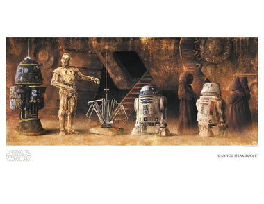 An art print inspired by Star Wars of C3P0 and R2D2 conversing with Jawas infront of a Sandcrawler.