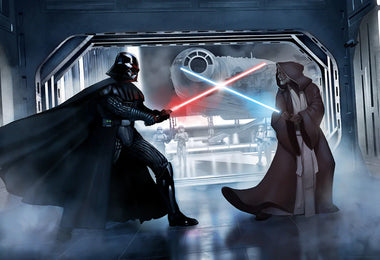 An art print featuring a Star Wars dueling scene between Darth Vader and Obi Wan Kenobi, with a certificate of authenticity.