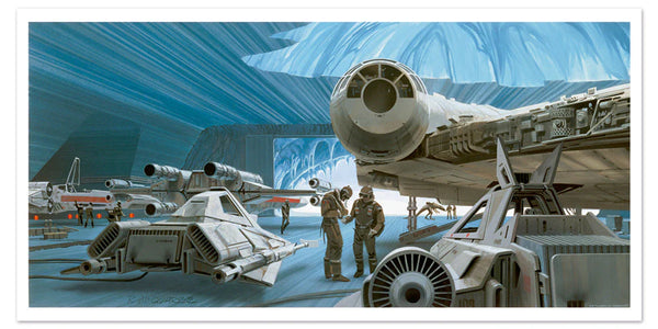 Star wars art featuring a space craft hangar in an ice cave on Hoth, which holds various crafts including the Millenium falcon. Two men stand discussing something in the mid ground. Two stand in the background with a Tauntaun.