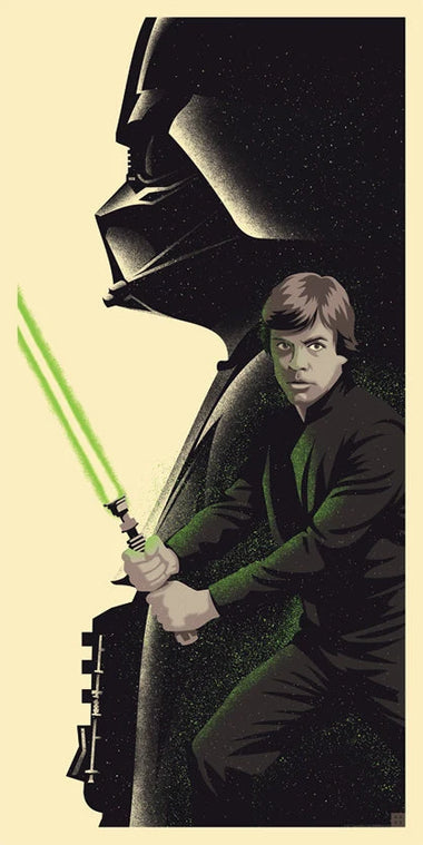 A stylized poster-like illustration of Luke Skywalker holding a green lightsaber in front of Darth Vader's large helmeted silhouette, rendered in black, green, beige, and gray tones.