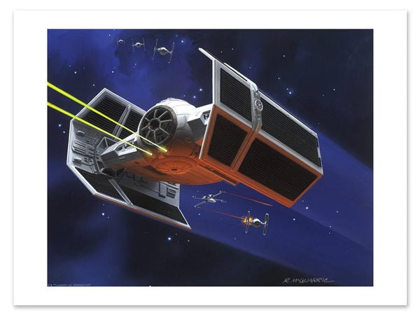 A Star Wars art print featuring TIE fighters and x wings in battle in a starry deep blue sky.