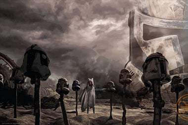 A piece of Star Wars themed artwork featuring Ahsoka Tano in a sand-colored robe standing in a desert environment surrounded by helmets on sticks. 