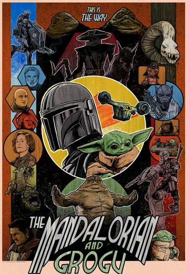 A stylized poster collage for The Mandalorian and Grogu, featuring the Mandalorian and Grogu in the centre, surrounded by other characters and scenes, with the title text at the bottom.