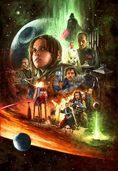 Rogue One: A Star Wars Story art print with a space background and characters in the centre, including Jyn Erso. 