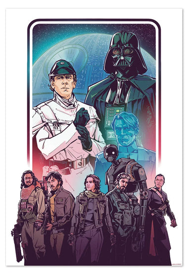 An art print featuring stylised characters from Rogue One: A Star Wars Story, with the Death Star and space in the background. 