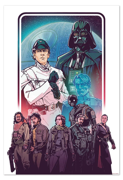 An art print featuring stylised characters from Rogue One: A Star Wars Story, with the Death Star and space in the background. 