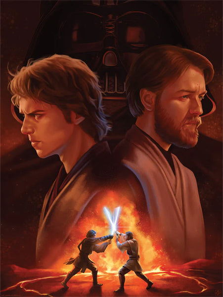 This art piece features Anakin Skywalker and Obi Wan Kenobi from Star Wars in the midground, with a dramatic, lava battle in the foreground, and Darth Vader in the background.