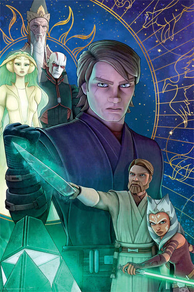 A print featuring characters from the Star Wars: The Clone Wars film, with Anakin Skywalker in the foreground with Obi wan and Ahsoka, and other characters in the background against a cosmic themed backdrop.