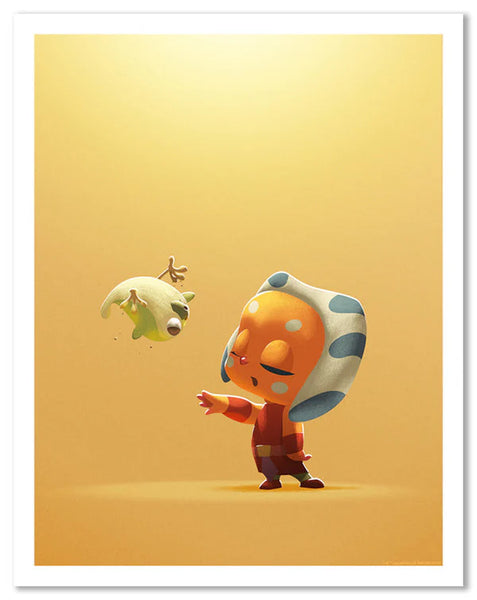 Child depiction of Ahsoka with a green creature on a yellow background