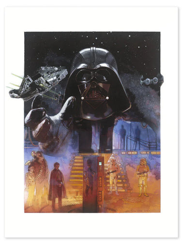 Illustration of Darth Vader and other characters from Star Wars in the cryogenic chamber with a space-themed background.