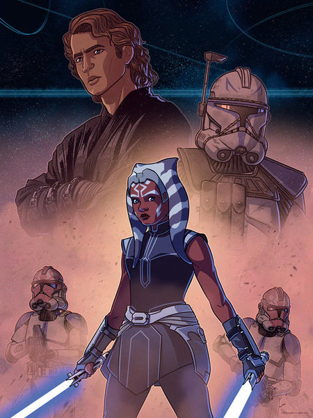Artwork depicting Ahsoka Tano with her lightsabers in colour with Anakin Skywalker, Boba Fett  and stormtroopers in sepia in the background with a star studded sky
