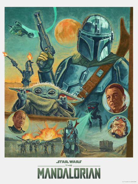 The mandalorian and grogu inspired art with the two characters in blue, green and yellow