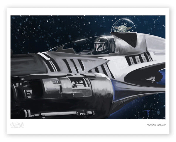 Artwork of a starfighter spaceship from Star Wars with a space background, titled 'Wanna Go Fast' by Tricia Buchanan-Benson. Showing Grogu and Mando flying.