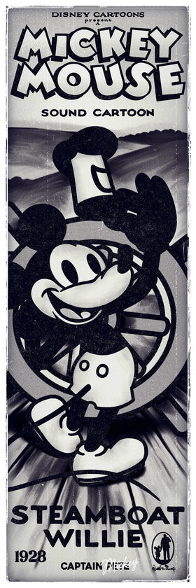 Vintage poster for 'Steamboat Willie' featuring Mickey Mouse, with text indicating it's a Disney cartoon from 1928.