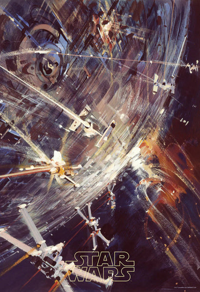Artistic illustration of the Death Star with x-wings flying around it and the star wars logo
