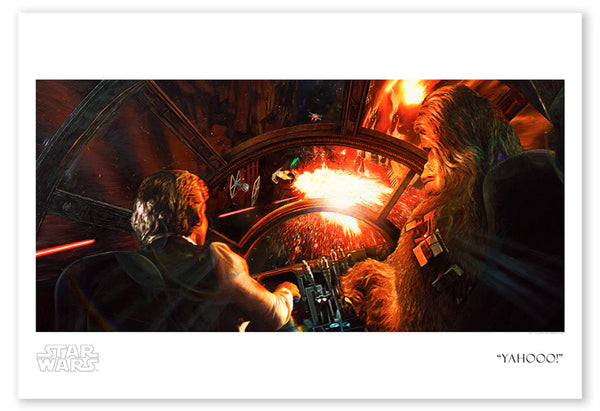 Art print featuring a scene from Star Wars with a Han Solo and Chewbacca driving a spacecraft, surrounded by a vibrant display of shooting laser lights.