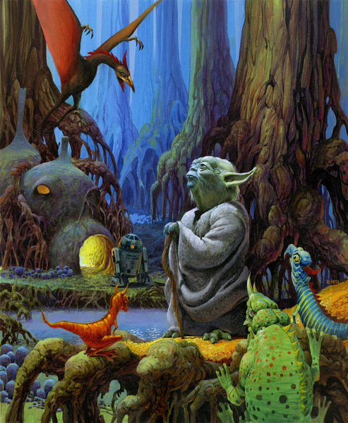 Fine-art giclée canvas featuring Yoda on Dagobah from Star Wars: The Empire Strikes Back, with a numbered edition and size indication.