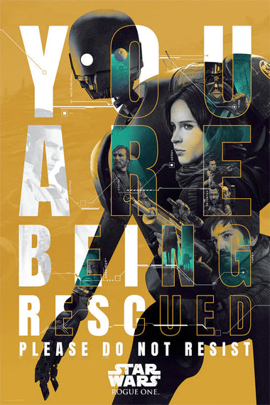 A poster featuring characters from Rogue One A Star Wars Story with a yellow and black color scheme, text, and artistic rendering.