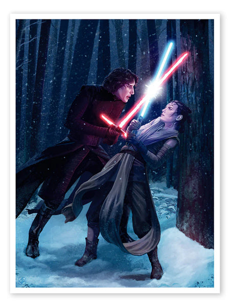 A lithograph featuring characters from Star Wars: The Force Awakens, specifically depicting Rey and Kylo Ren in a forest setting.