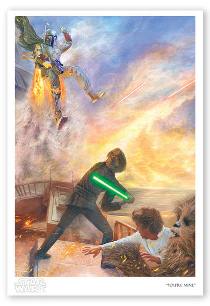 Star Wars: Return of the Jedi inspired print by Rob Surette showing Luke Skywalker swinging his lightsaber at Boba Fett as he lands on a sand cruiser. While Chewbacca and Han Solo watch