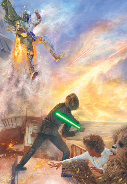 Star Wars: Return of the Jedi inspired print by Rob Surette showing Luke Skywalker swinging his lightsaber at Boba Fett as he lands on a sand cruiser. While Chewbacca and Han Solo watch