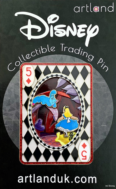 Rectangular playing card style pin with a detailed depiction of Alice meeting the caterpillar from Alice in Wonderland in the middle. 
