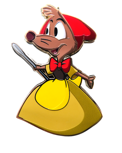 A Disney's Cinderella enamel pin depicting a brown mouse with a red hat and a yellow dress holding a needle 