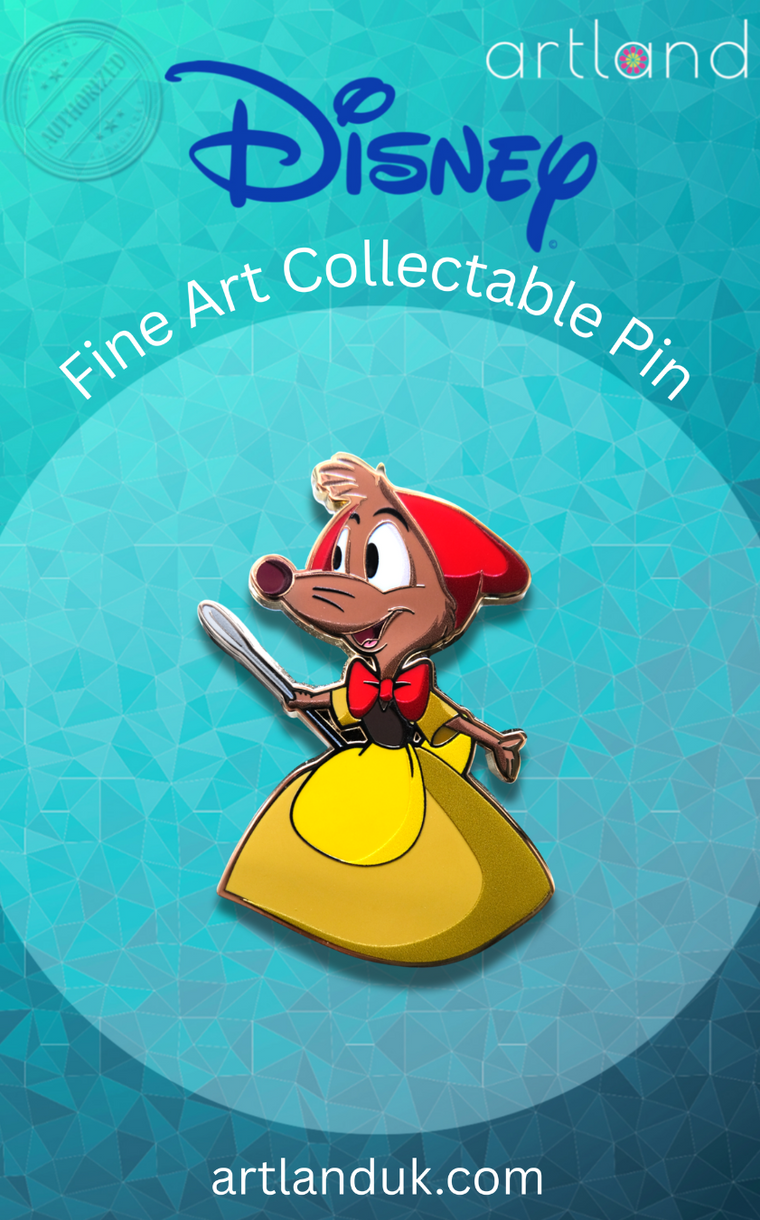 A Disney's Cinderella enamel pin depicting a brown mouse with a red hat and a yellow dress holding a needle set against a blue geometric background with 'Disney' and 'artland' branding.'s Cinderella enamel pin depicting a brown mouse with a red hat and a yellow dress holding a needle set against a blue geometric background with 'Disney' and 'artland' branding. A Disney's Cinderella enamel pin depicting a brown mouse with a red hat and a yellow dress holding a needle set against a blue geometric background with 'Disney' and 'artland' branding.'s Cinderella enamel pin depicting a brown mouse with a red hat and a yellow dress holding a needle set against a blue geometric background with 'Disney' and 'artland' branding.