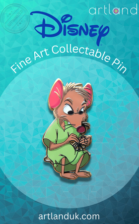A Disney Fine Art Collectable Pin featuring a stylized cartoon mouse character in a green outfit, centered on a blue geometric background with Disney branding and the text 'artland' and 'artlanduk.com'.