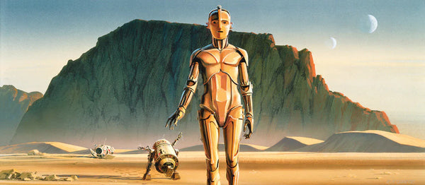 C3PO and R2D2 standing in the desert with  two moons in the distance