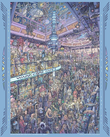 art piece featuring characters in the warp core cafe from the sci fi world including doctor who, c3po, jabba