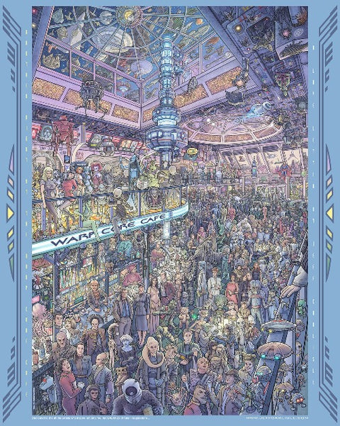 art piece featuring characters in the warp core cafe from the sci fi world including doctor who, c3po, jabba