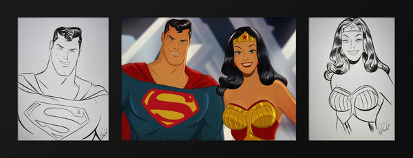Superman and wonder woman art piece divided into three sections. The middle section is superman and wonder woman in full colour standing together in the fortress of solitude. the left and right sections are the original drawings of the colour section.