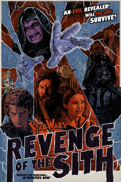 A Star Wars: Revenge of the Sith inspired art print featuring character portraits and a thematic depiction of the movie's tension.