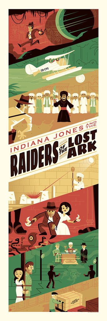 This art piece is a montage of scenes from the movie Indiana Jones and the Raiders of the Lost Ark. The scenes include Indiana Jones running from a booby trap, a sea plane, Indiana being confronted by mercenaries, The Well of Souls being opened with the staff of Ra, the snake pit, the Ark of the Covenant, and the warehouse where the Ark is stored away