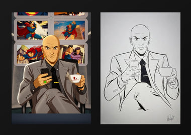 lex luthor art piece divided into two sections. The left section is lex luthor sat on his phone with a mug of coffee. behind him are photos of superman. the right section is the original drawing of the colour section.