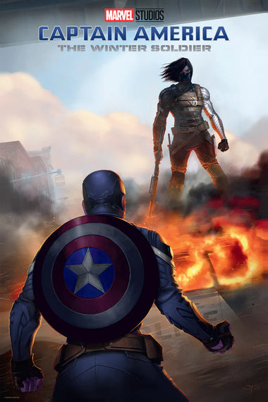 A piece of artwork featuring characters from the Marvel movie 'Captain America: The Winter Soldier'. It shows a combat scene with Captain America and The Winter Soldier in a city setting with buildings on fire in the background.