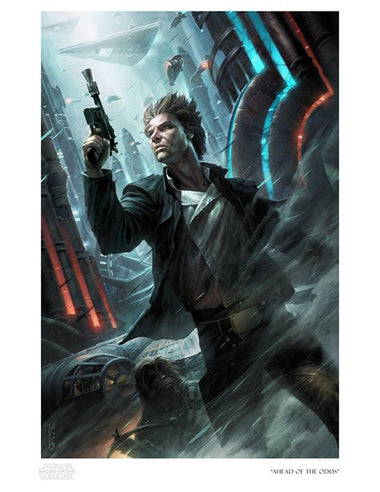 An art print featuring Han Solo with a gun in a futuristic city setting, titled 'Ahead of the Odds' by Raymond Swanland.