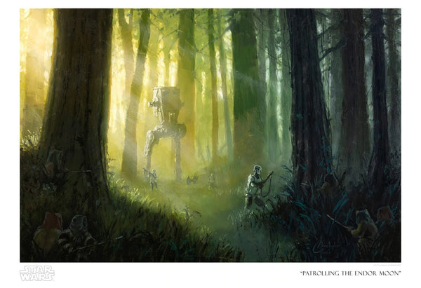 A limited edition print featuring the forest on endor's moon with stormtroopers and enoks