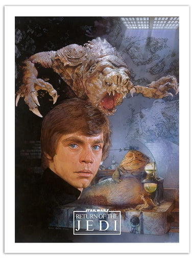 return of the jedi art piece with a portrait of luke skywalker in the foreground. in the background is the rancor and jabba the hut