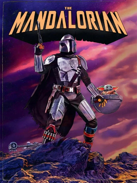 the mandalorian inspired art piece featuring the mandalorian standing on a rocky outcrop. next to him is the child, grogu.