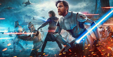 Artwork inspired by Star Wars: The Clone Wars featuring Obi-Wan Kenobi and Anakin Skywalker battling enemies in the rain.