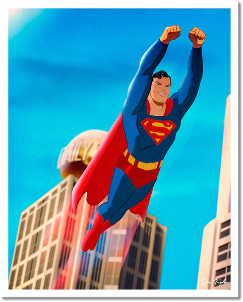 a full colour art piece of superman flying through a city. behind him is the daily planet.